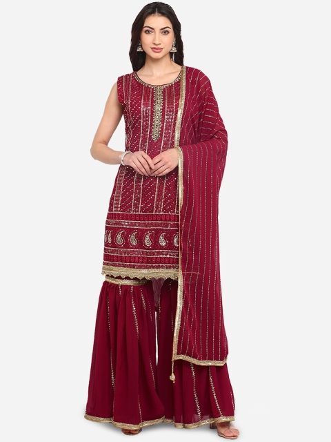 

BOMBAY SELECTIONS Women Maroon Embroidered Kurta with Sharara & Dupatta