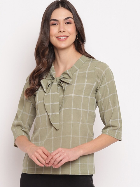 

Mayra olive green & white checked tie-up neck crepe regular top