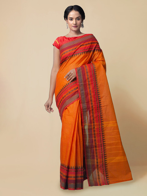 

Unnati Silks Orange & Red Pure Cotton Solid Chettinad Saree
