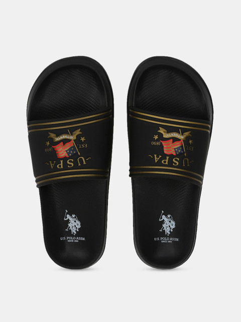 

U.S. Polo Assn. Men Black & Gold-Toned Printed Sliders