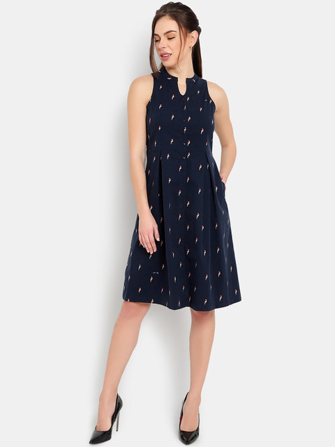

Ayaany Women Blue Printed Fit and Flare Dress