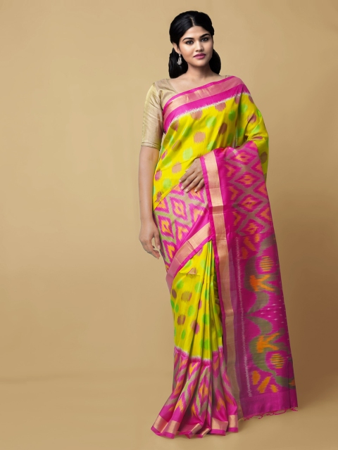 

Unnati Silks Lime Green & Magenta Pure Cotton Printed Ikat Saree