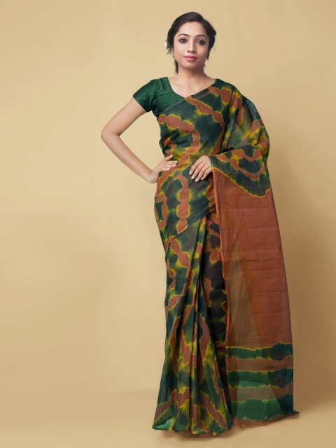 Unnati Silks Green & Orange Pure Cotton Dyed Kota Handloom Saree