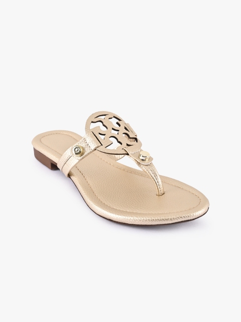 BuckleUp Women Gold-Toned Embellished T-Strap Flats
