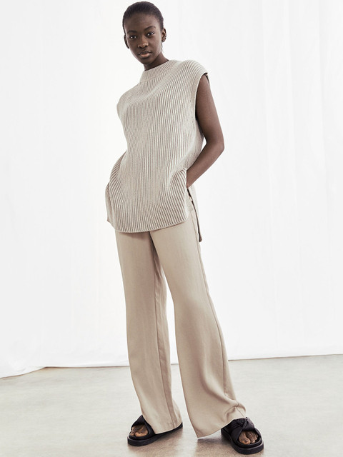

H&M Women Beige Solid Wide Lyocell-Blend Trousers