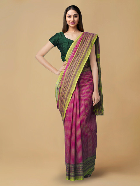

Unnati Silks Pink Pure Cotton Checked Chettinad Saree