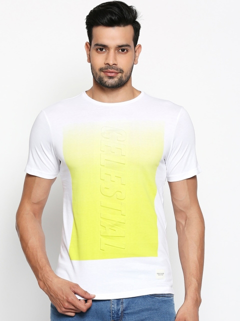 

People Men Off-White & Yellow Printed Round Neck T-shirt