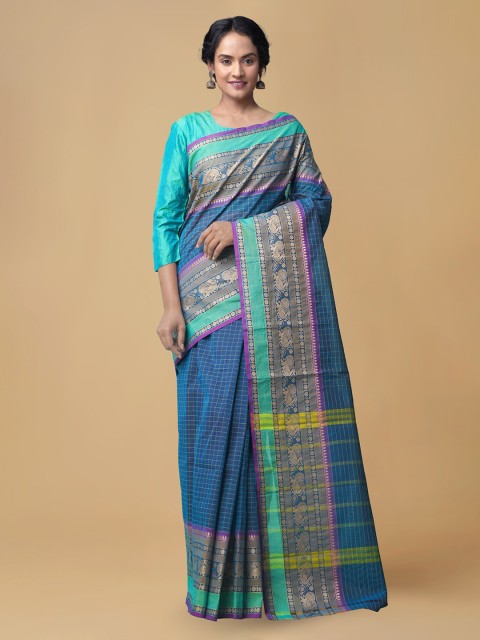 

Unnati Silks Blue Pure Cotton Woven Design Chettinad Saree