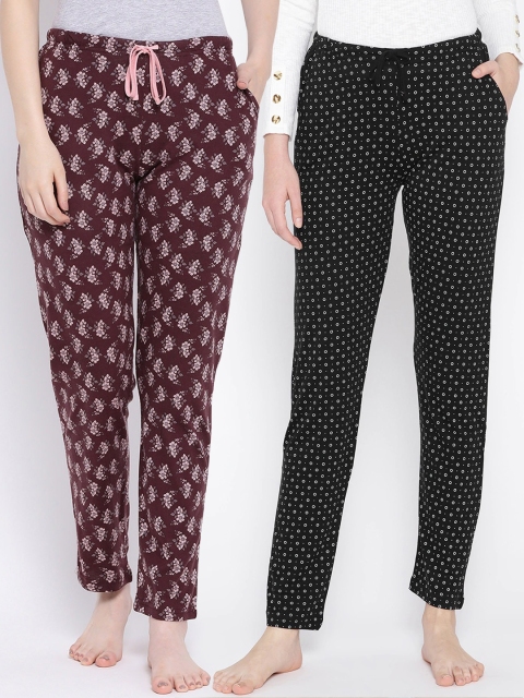 

Kanvin Women Pack of 2 Printed Mid-Rise Cotton Lounge Pants, Black