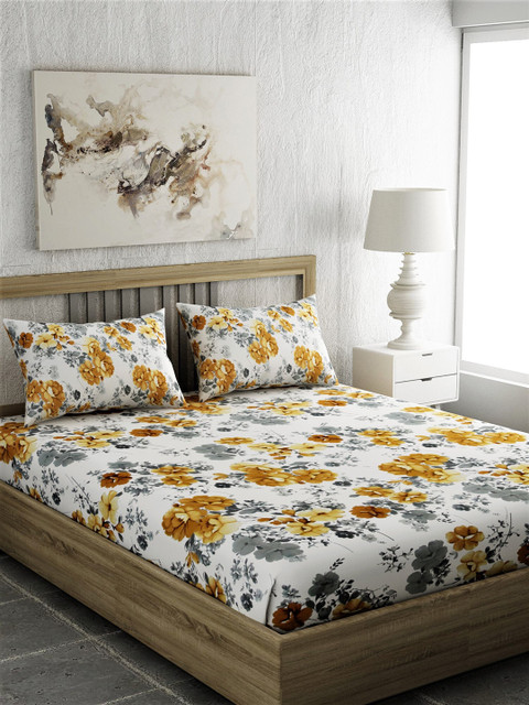 

EverHOME Off-White & Camel Brown Floral 210 TC Cotton 1 Queen Bedsheet with 2 Pillow Covers