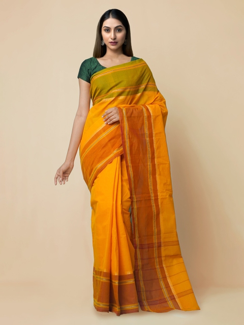 

Unnati Silks Orange & Green Pure Cotton Striped Kanjeevaram Saree