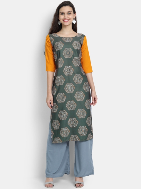 

7Threads Women Green Crepe Digital Print Straight Kurta