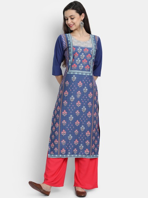 

7threads Women Blue Printed kurta
