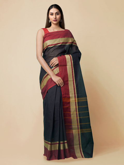

Unnati Silks Black & Red Pure Cotton Solid Kanjeevaram Handloom Saree