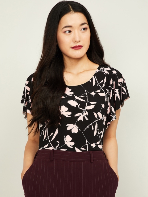 

CODE by Lifestyle Black Floral Printed Flutter Sleeves Regular Top