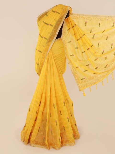 

Pothys Yellow Cotton Blend Checked Chanderi Saree