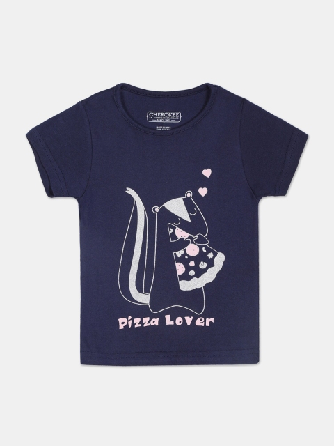 

Cherokee Girls Navy Blue & White Printed Round Neck Cotton T-shirt