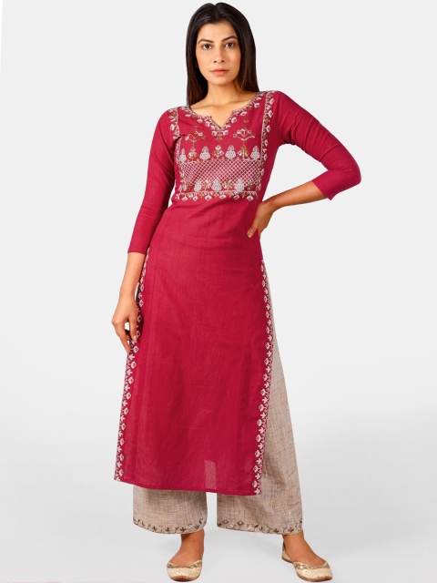 

Mesmora Women Red & Beige Embroidered Kurta with Palazzos