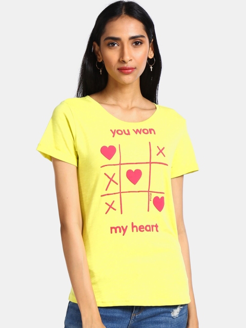 

Sugr Women Yellow Printed Round Neck Cotton T-shirt