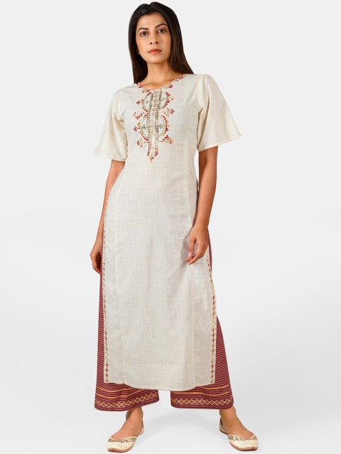 

Mesmora Women Off-White & Coffee Brown Embroidered Kurta with Palazzos