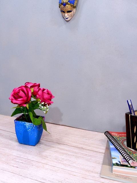 

fancy mart Pink Artificial Rose Flower In Blue Square Textured Pot