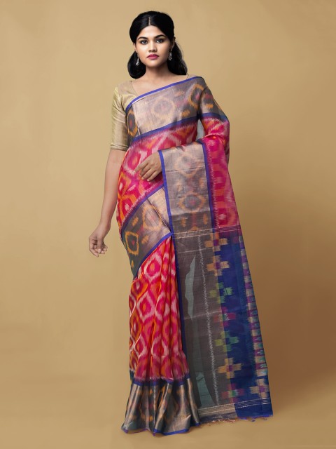 

Unnati Silks Pink Pure Cotton Woven Design Ikat Saree