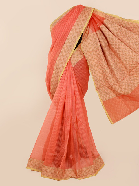 

Pothys Peach-Coloured Checked Cotton Blend Saree