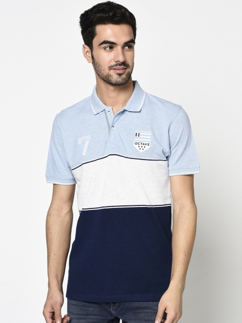 

Octave Men Blue & White Colourblocked Polo Collar T-shirt