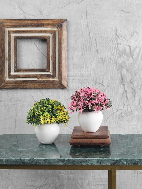 

FOLIYAJ Set Of 2 Yellow & Pink Artificial Mini Bushes With White Pots