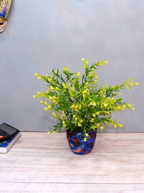 

fancy mart Yellow Artificial Grass Flower in Blue & Orange Round Texture Pot
