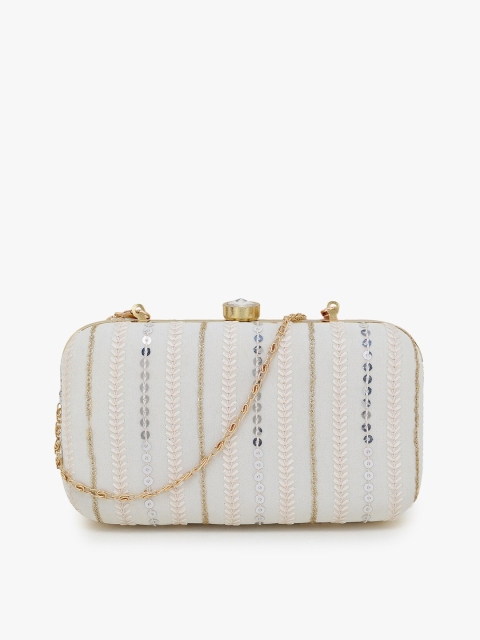 

Anekaant Off-White & Peach-Coloured Striped Embellished Clutch