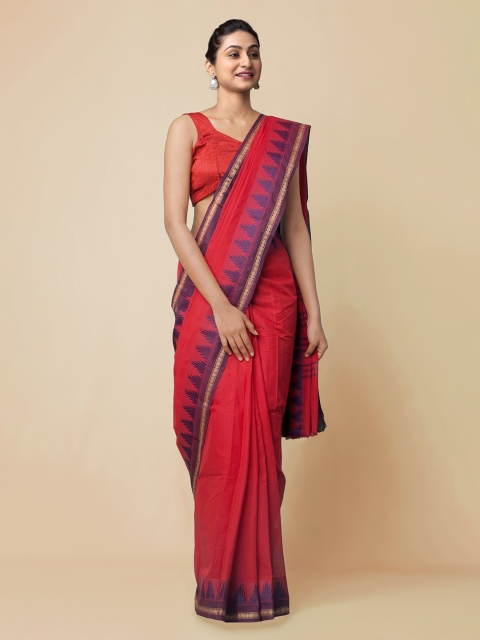 

Unnati Silks Red Pure Cotton Solid Kanjeevaram Saree