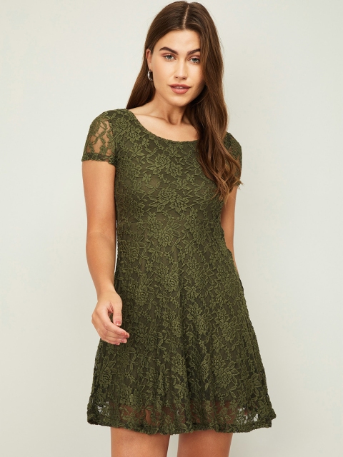 

Ginger by Lifestyle Women Olive Green Self Design Fit and Flare Dress