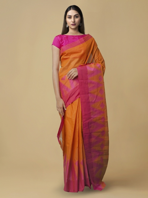 

Unnati Silks Orange & Pink Pure Cotton Solid Kanjeevaram Saree