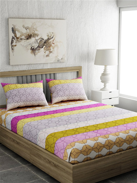 

EverHOME White & Pink Geometric 210 TC Cotton 1 Queen Bedsheet with 2 Pillow Covers