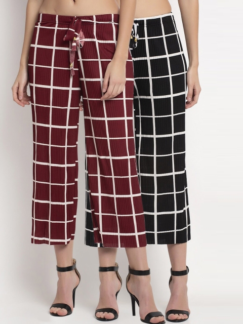 

NEUDIS Women Pack Of 2 Black & Maroon Regular Fit Checked Culottes