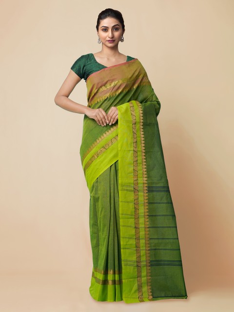 

Unnati Silks Green Pure Cotton Woven Design Handcrafted Kanjeevaram Saree