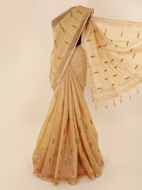 

Pothys Tan Cotton Blend Embroidered Chanderi Saree With Tasseled Pallu