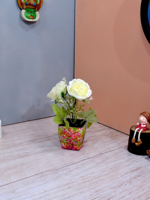 

fancy mart Cream-Coloured & Green Artificial Rose Flowers With Square Textured Pot