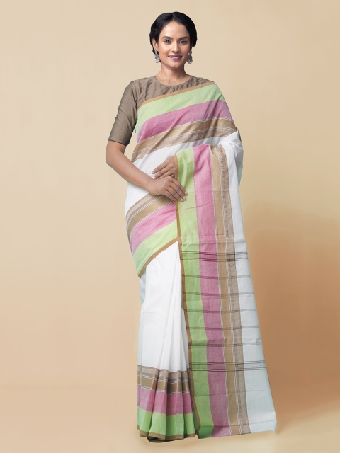 

Unnati Silks White & Pink Pure Cotton Solid Kanjeevaram Saree