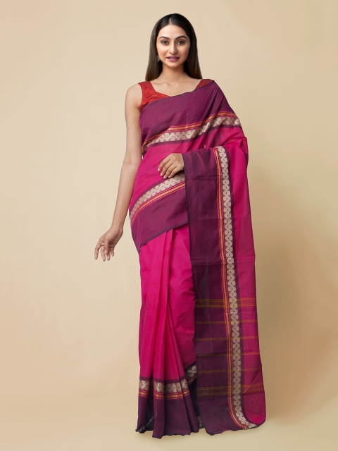 

Unnati Silks Pink Pure Cotton Solid Handloom Kanjeevaram Saree