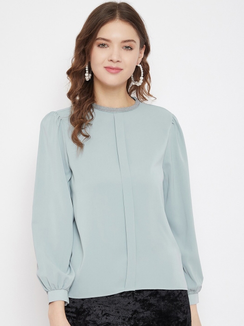

Madame Sea Green Solid Puff Sleeves Regular Top