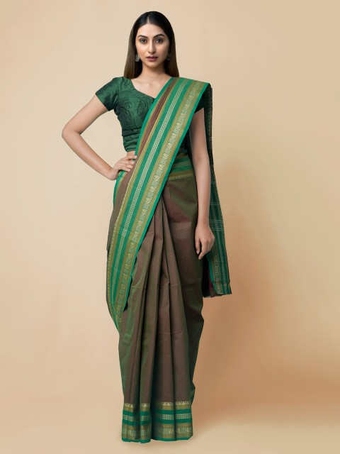 

Unnati Silks Green Pure Cotton Solid Kanjeevaram Saree