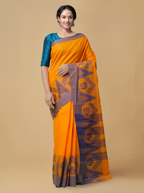 

Unnati Silks Orange Pure Cotton Solid Kanjeevaram Saree