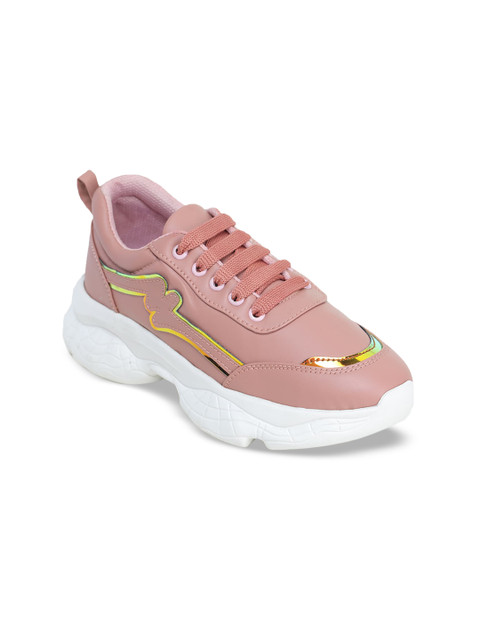 

LONDON STEPS Women Pink & Gold-Toned Striped Memory Foam Lightweight Sneakers