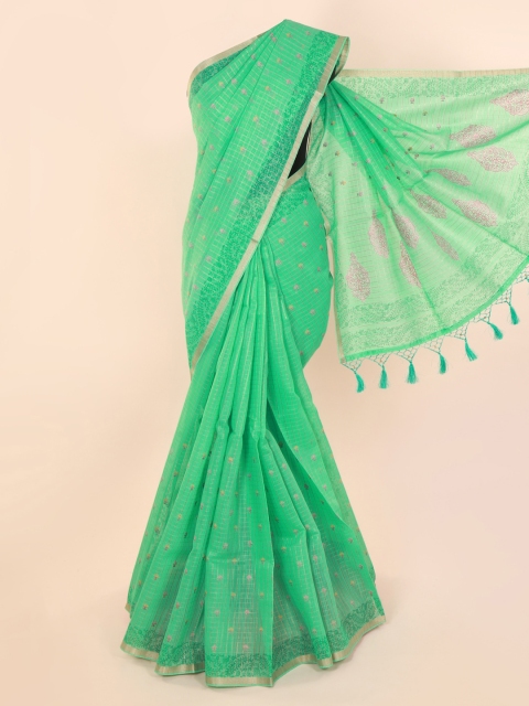 

Pothys Green Cotton Blend Printed Chanderi Saree With Tasseled Pallu