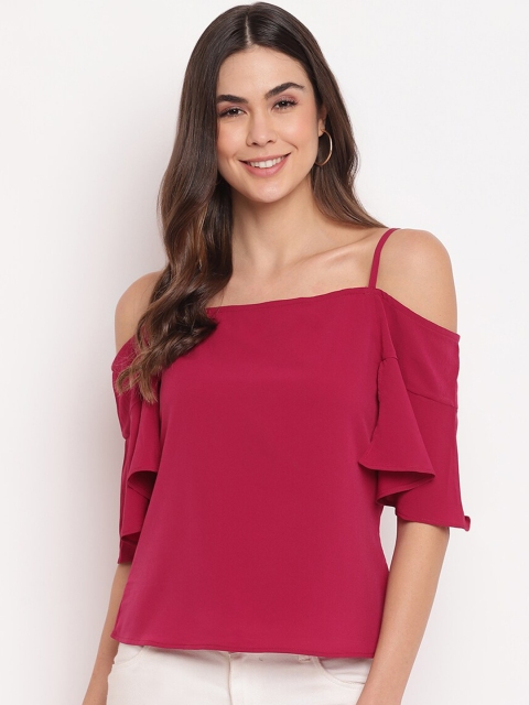 

Mayra Magenta Cold-Shoulder Sleeves Crepe Bardot Top