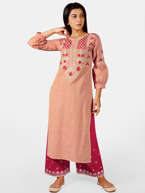 

Mesmora Women Peach-Coloured Embroidered Kurta with Palazzos
