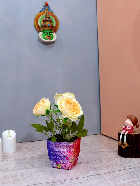 

fancy mart Set of 3 Yellow & Green Artificial Rose Flowers With Square Pot
