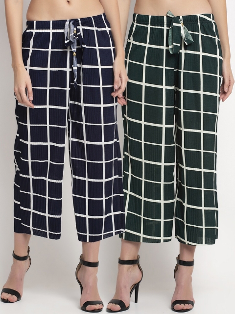 

NEUDIS Women Green & Navy Blue Pack of 2 Regular Fit Checked Culottes